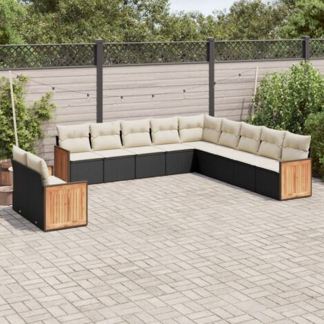 Gartenmöbelset 11 Teile mit schwarzen Kissen aus geflochtener Kunstfaser