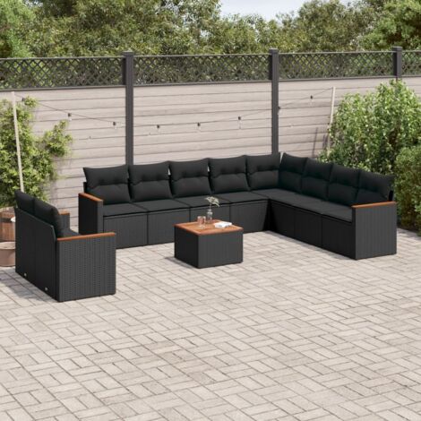 Gartenmöbelset 11 Teile mit schwarzen Polstern aus Rattan