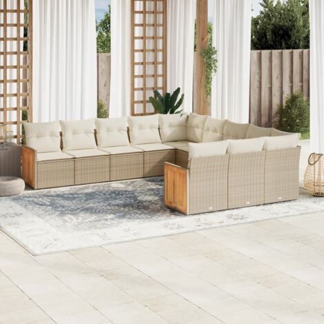 Gartenmöbelset 11-teilig mit beigen Kissen aus Geflecht