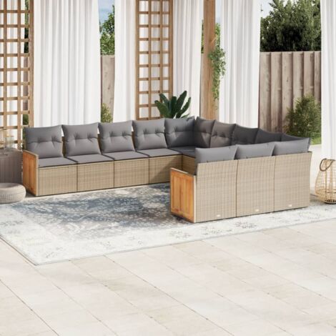 Gartenmöbelset 11 Teilig mit Beigen Kissen aus Geflecht