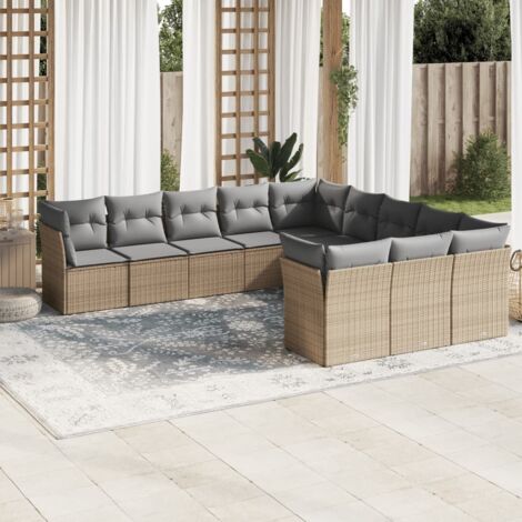 Gartenmöbelset 11-teilig mit beigen Kissen aus geflochtenem Kunststoff