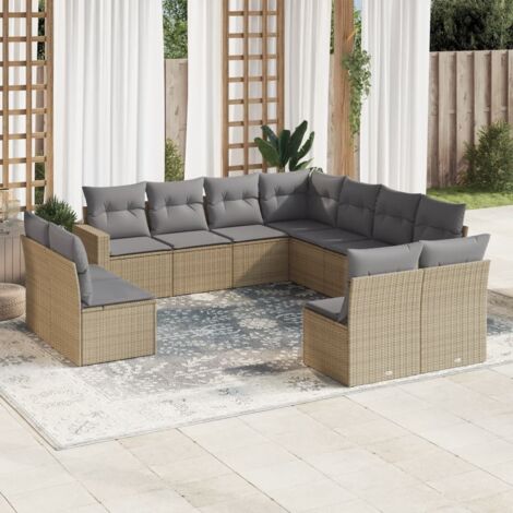 Gartenmöbelset 11-teilig mit beigen Kissen aus geflochtenem Kunststoff
