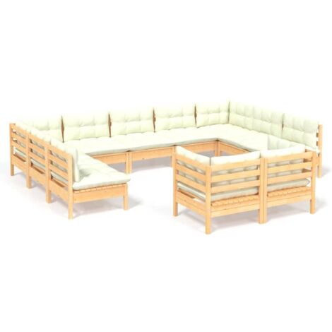 Gartenmöbelset 11-teilig mit creamfarbenen Kissen aus massivem Kiefernholz