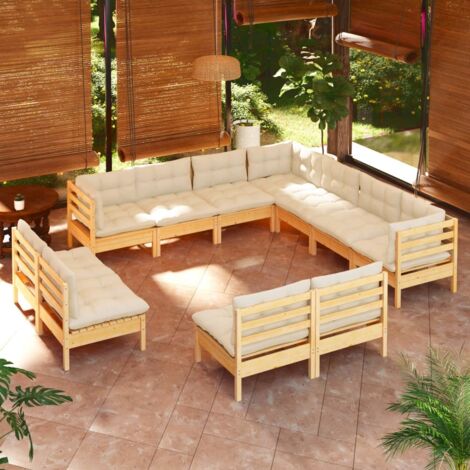 Gartenmöbelset 11-teilig mit cremefarbenen Kissen aus massivem Kiefernholz