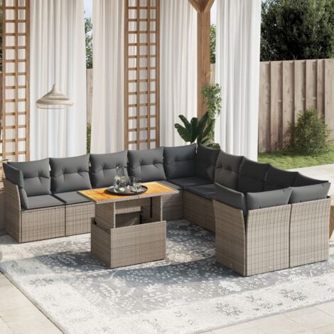 Gartenmöbelset 11-teilig mit grauen Kissen aus geflochtener Kunstfaser