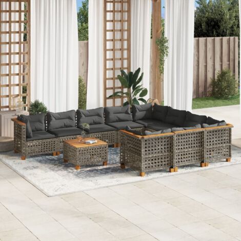 Gartenmöbelset 11-teilig mit grauen Kissen aus geflochtener Kunstfaser
