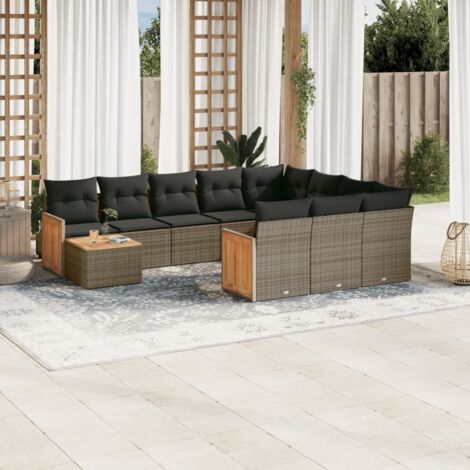 Gartenmöbelset 11-teilig mit grauen Kissen aus geflochtener Kunstfaser
