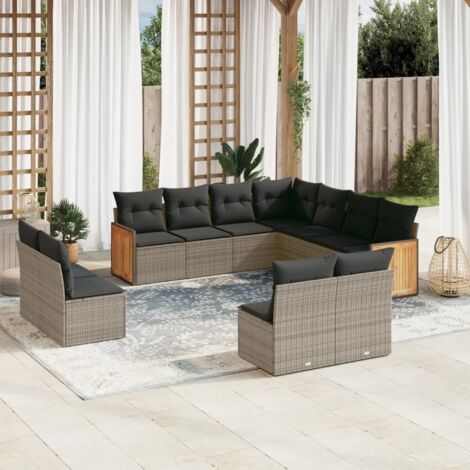 Gartenmöbelset 11-teilig mit grauen Kissen aus geflochtener Kunststoffrattan