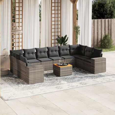 Gartenmöbelset 11-teilig mit grauen Kissen aus geflochtener Poly-Rattan