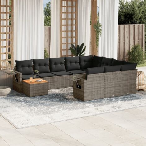 Gartenmöbelset 11-teilig mit grauen Kissen aus geflochtener Rattanoptik