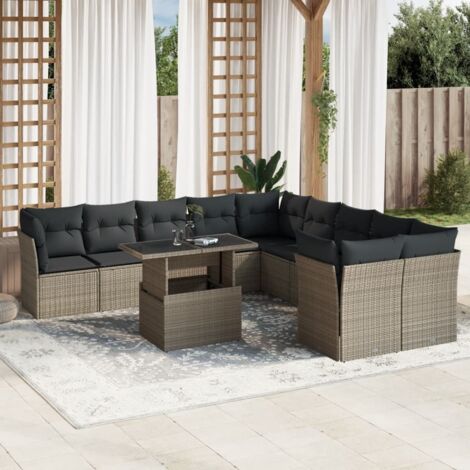 Gartenmöbelset 11-teilig mit hellgrauen Kissen aus geflochtener Rattan