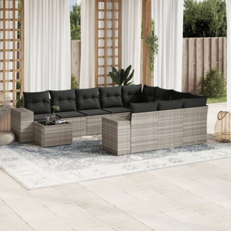Gartenmöbelset 11 Teilig mit hellgrauen Kissen aus geflochtener Rattan