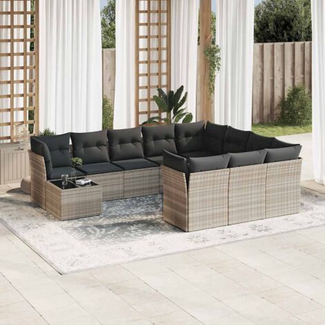 Gartenmöbelset 11-teilig mit hellgrauen Kissen aus geflochtener Rattan-Optik