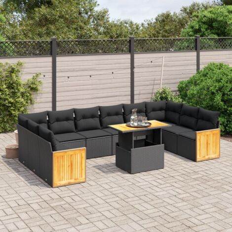 Gartenmöbelset 11-teilig mit Kissen Schwarz Geflecht