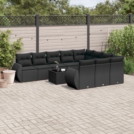 Gartenmöbelset 11-teilig mit Kissen schwarz Geflecht