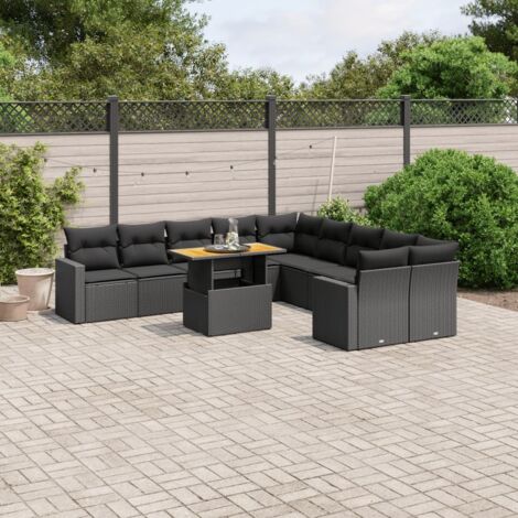 Gartenmöbelset 11 Teilig mit Kissen Schwarz Geflecht