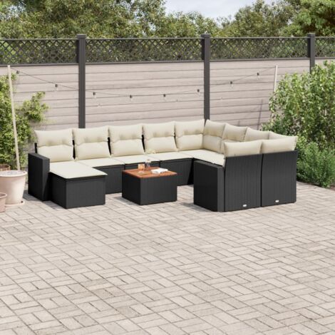 Gartenmöbelset 11-teilig mit Kissen Schwarz Rattan