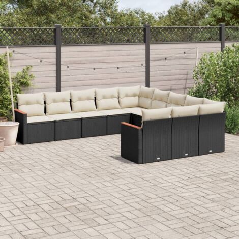 Gartenmöbelset 11-teilig mit Kissen Schwarz Rattan