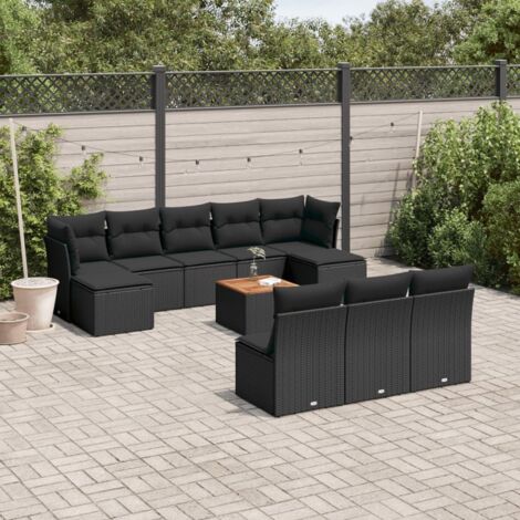 Gartenmöbelset 11-teilig mit Kissen schwarz Rattan