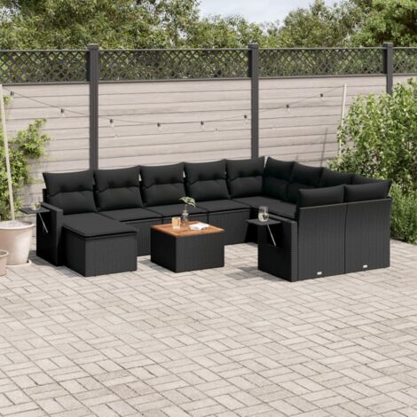 Gartenmöbelset 11-teilig mit Kissen Schwarz Rattan