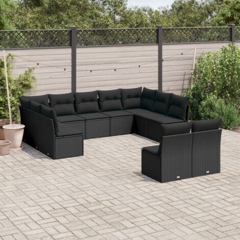 Gartenmöbelset 11-teilig mit Kissen schwarz Rattan