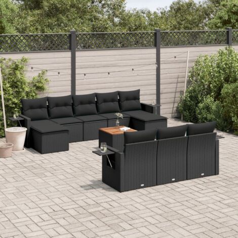 Gartenmöbelset 11-teilig mit schwarzen Kissen aus geflochtener Harz