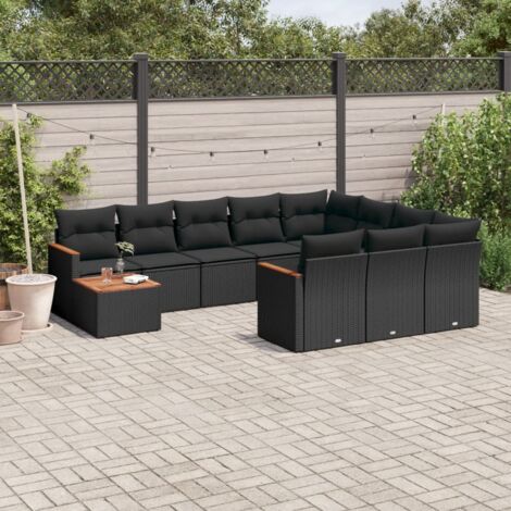 Gartenmöbelset 11-teilig mit schwarzen Kissen aus geflochtener Kunst-Polyrattan