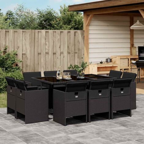 Gartenmöbelset 11-teilig mit schwarzen Kissen aus geflochtener Kunstfaser