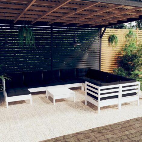 Gartenmöbelset 11-teilig mit weißen Kissen aus Kiefernholz
