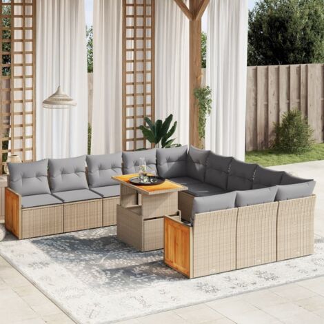 Gartenmöbelset 11-tlg. mit beigen Kissen aus geflochtener Polyrattan