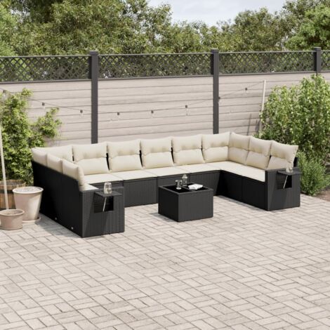 Gartenmöbelset 11-tlg. mit Kissen Schwarz Geflochtenes Harz