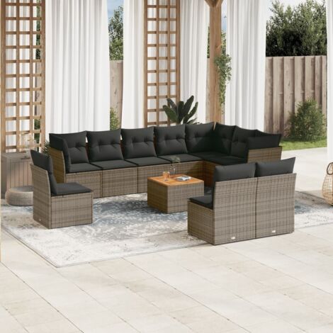 Gartenmöbelset 11tlg. mit grauen Kissen aus geflochtener Kunstfaser