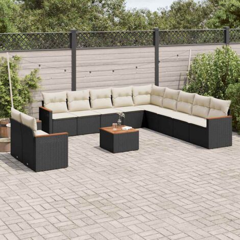 Gartenmöbelset 12 Teile mit Kissen schwarz Geflecht