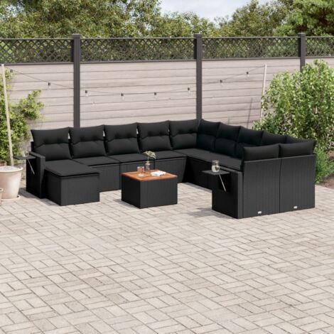 Gartenmöbelset 12 Teile mit Kissen Schwarz Geflochtene Rattan