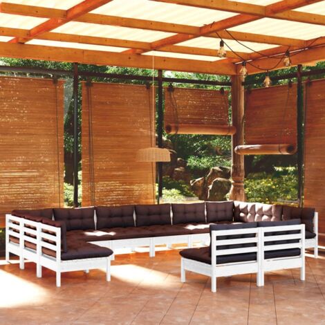 Gartenmöbelset 12-teilig mit weißen Kissen aus massivem Kiefernholz