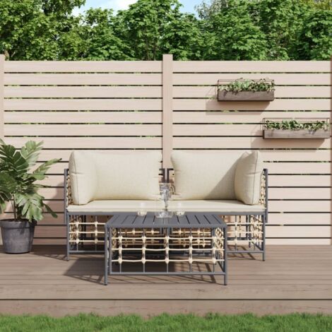 Gartenmöbelset 3 Teile mit anthrazitfarbenen Kissen aus geflochtener Kunstfaser