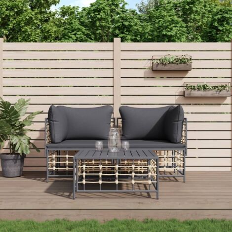 Gartenmöbelset 3 Teilig mit anthrazit Kissen aus Geflecht