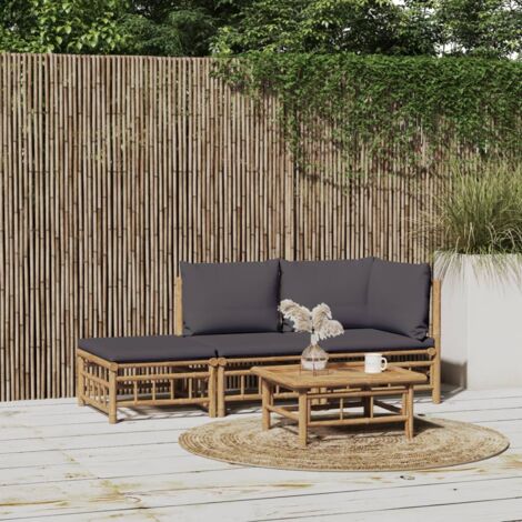 Gartenmöbelset 3 Teilig mit dunkelgrauen Kissen aus Bambus