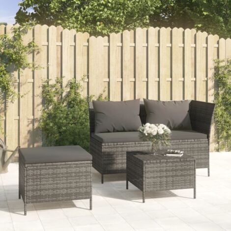 Gartenmöbelset 3-teilig mit Kissen Grau Geflecht