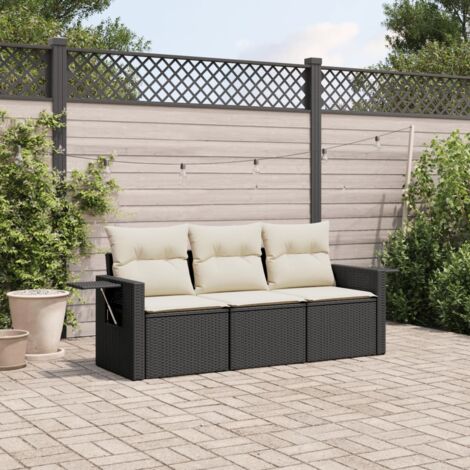 Gartenmöbelset 3-teilig mit Kissen schwarz Geflecht