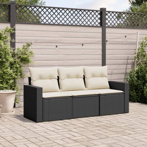 Gartenmöbelset 3-teilig mit schwarzen Kissen aus geflochtener Rattan-Optik