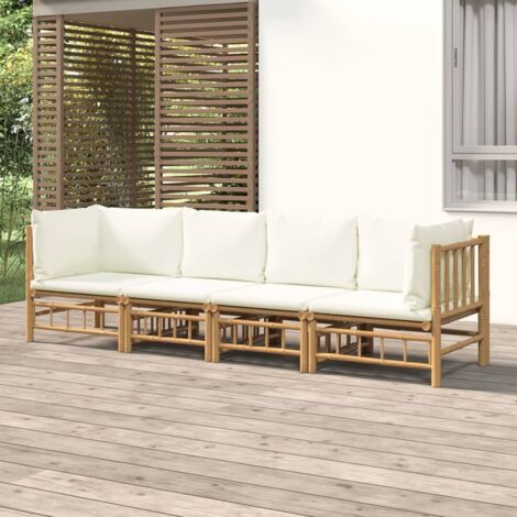 Gartenmöbelset 4 Teile mit cremeweißen Kissen aus Bambus