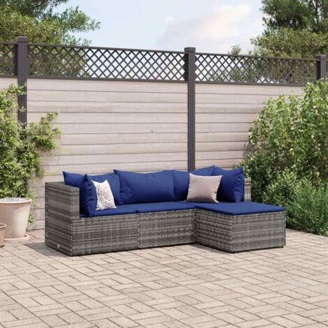 Gartenmöbelset 4 Teile mit Kissen Grau Geflecht