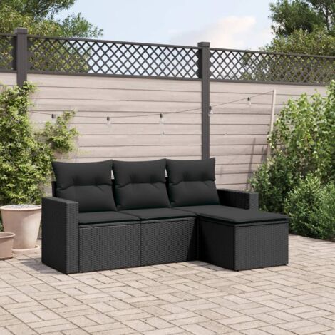 Gartenmöbelset 4 Teile mit Kissen Schwarz Geflochtene Kunststoff