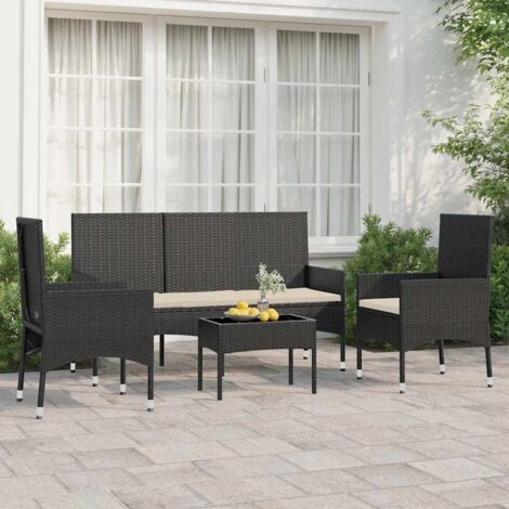 Gartenmöbelset 4 Teile mit Kissen Schwarz Geflochtene Rattan