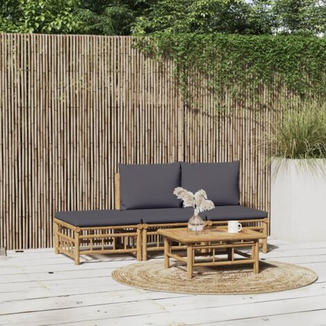 Gartenmöbelset 4 Teilig mit Dunkelgrauen Kissen aus Bambus