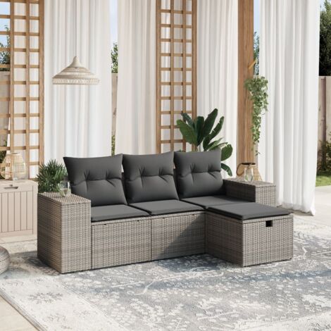 Gartenmöbelset 4-teilig mit grauen Kissen aus Geflecht