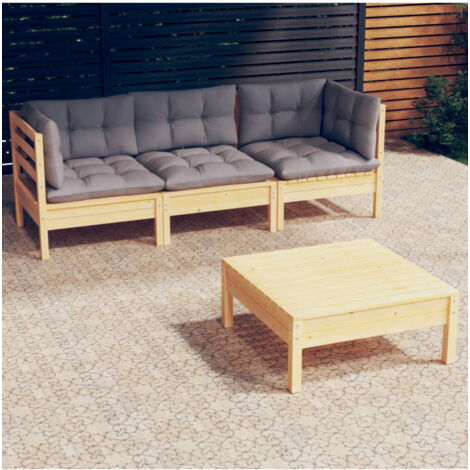 Gartenmöbelset 4-teilig mit grauen Kissen aus Kiefernholz