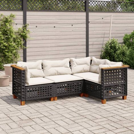 Gartenmöbelset 4-teilig mit Kissen Schwarz Geflochtene Rattan