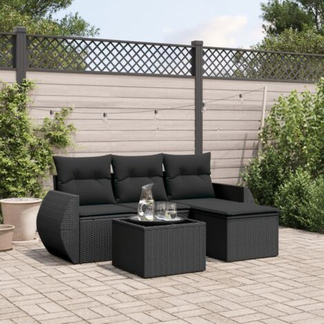 Gartenmöbelset 5 Teile mit schwarzen Kissen aus wasserdichter Rattangeflecht